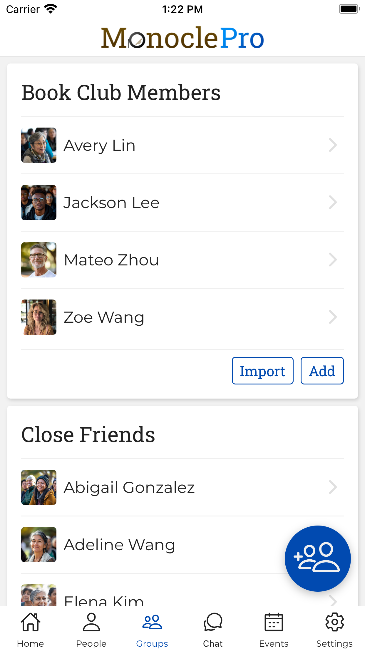 App screenshot - Groups