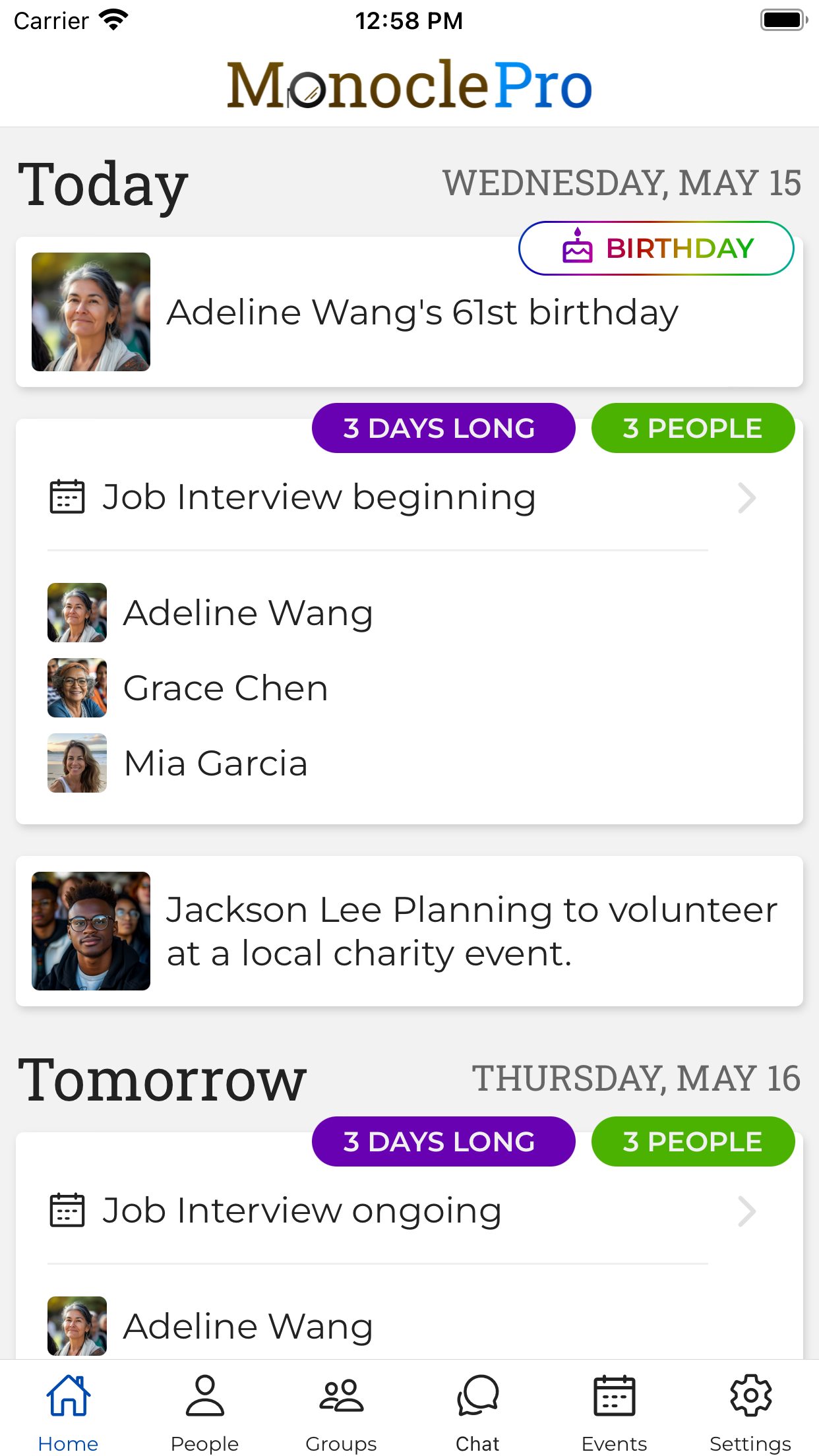 App screenshot - Upcoming events
